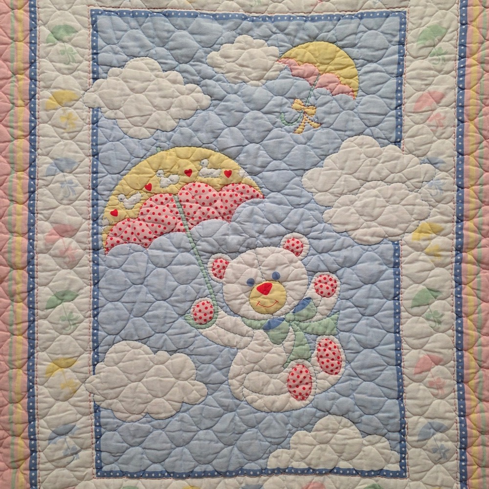 Vintage Teddy Bear Umbrella Quilt Pastel Pink Blue Eyelet Lace Baby Blanket - Picture 2 of 6